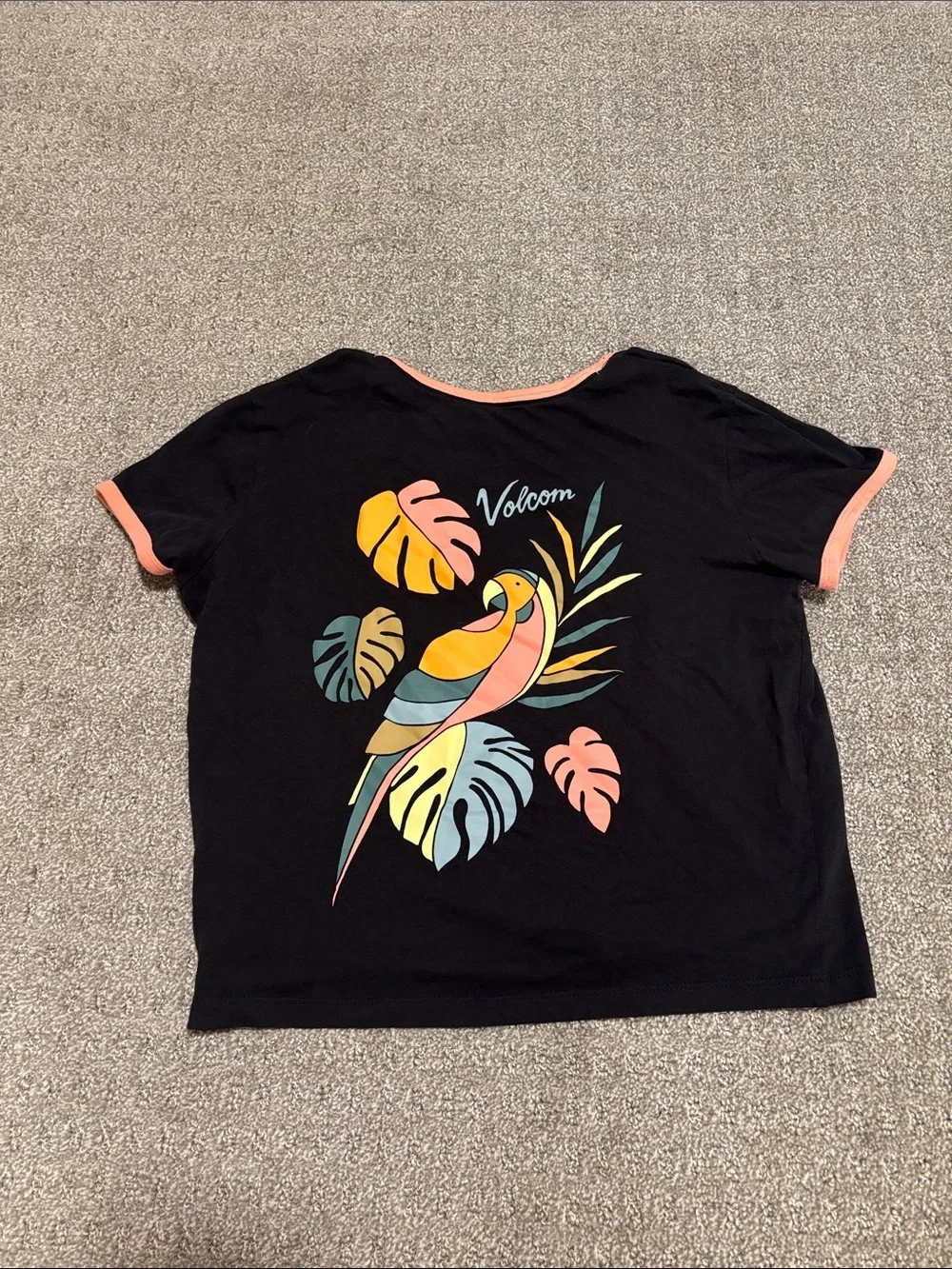 Volcom Black Tee with Coral Trim and Mini Tropical Chest Logo - Kids